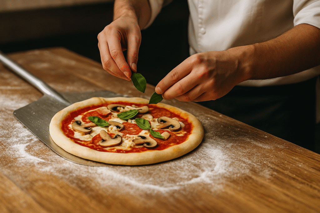 Corso da pizzaiolo a Padova – studente perfeziona la farcitura della pizza con basilico fresco
